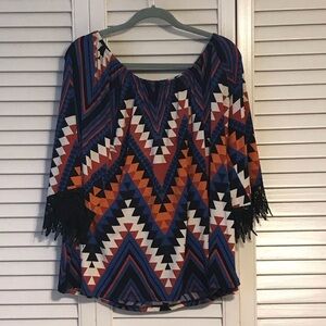 Women’s Blue Tribal Chevron Fringe-Sleeve Top